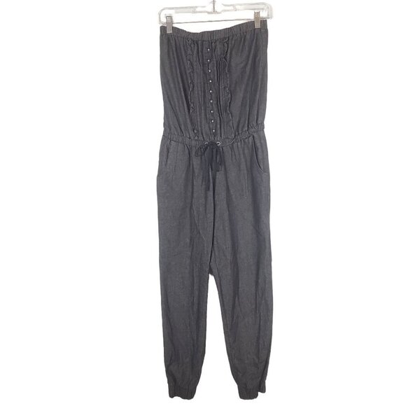 579 Small Strapless black Denim Jumpsuit Lightweight‎ Faux Buttons Jogger Pullon - Picture 1 of 11